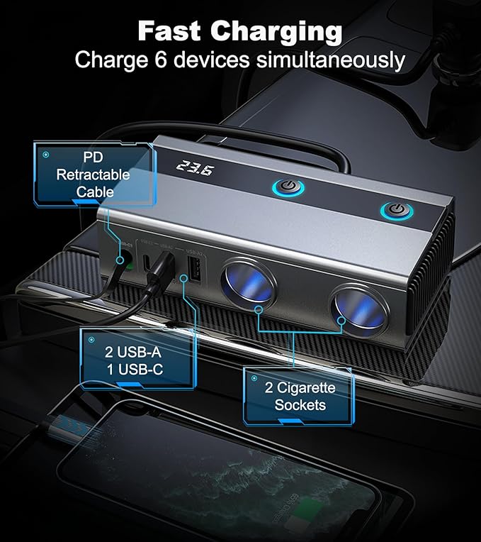 Retractable Cigarette Lighter Splitter, USB Car Charger Adapter with PD 65W, 2 Sockets with Independent Switches, TSNAM 12V/24V Car Splitter with LED Display