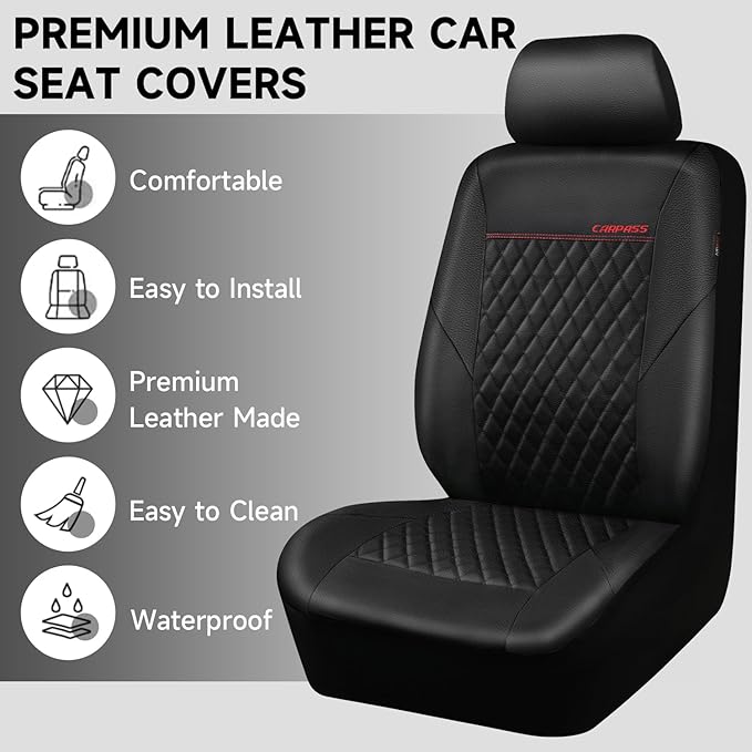 CAR PASS Quilting Faux Leather Seat Covers Full Set, Waterproof Deluxe Premium Seat Cover with 5mm Composite Sponge Inside, Airbag Compatible Auto Seat Cover Universal Fit for 95% Sedan SUV Van, Black