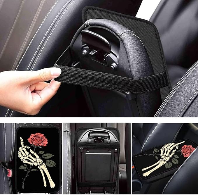 Dreaweet Skull Rose Car Accessories Armrest Cover for Car Universal Center Console Cover Replacement Soft Comfortable Arm Rest Cover Pad for Truck SUV Car Console Covers