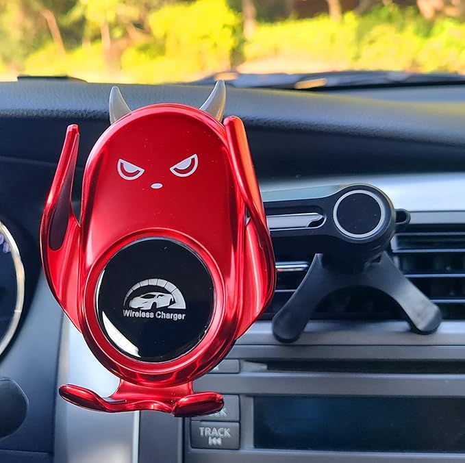 Car Phone Holder Mount Wireless Charging Auto Clamping Rotatable Vent Clip Cute Red Demon for iPhone Samsung Galaxy Andriod Phone