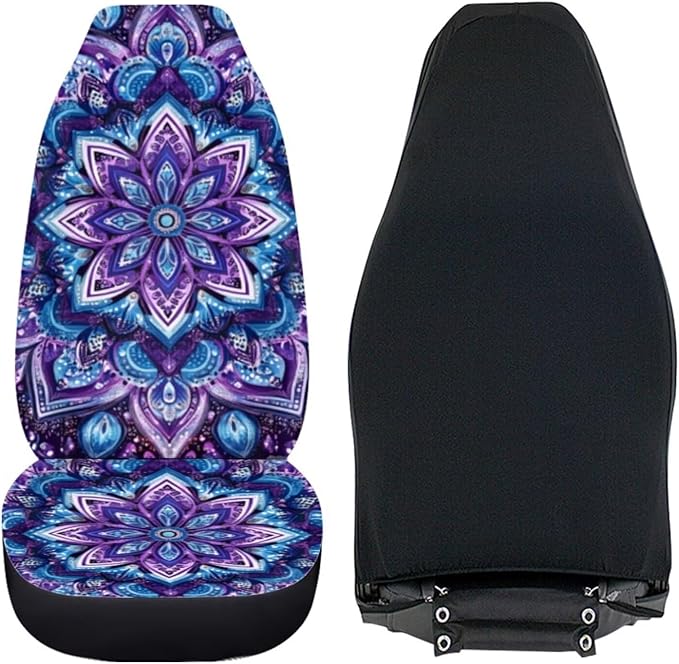 BIGCARJOB Purple Lotus Car Seat Covers Set for Women Auto Interior Seat Protector Boho Lotus Car Accessories Set 2 Pcs Auto Front Seat Covers Saddle Blanket,Universal Fit