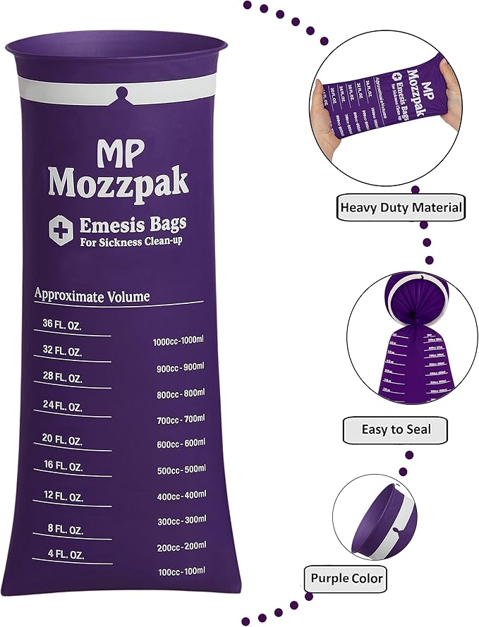 MP MOZZPAK Vomit Bags Disposable 35 Pack - 1000ml Emesis Bags, Leak-Proof Barf Bag, Travel Friendly Puke & Nausea Bag for Motion Sickness, Medical Grade Throw up Relief for Car, Airplane, & Road Trip