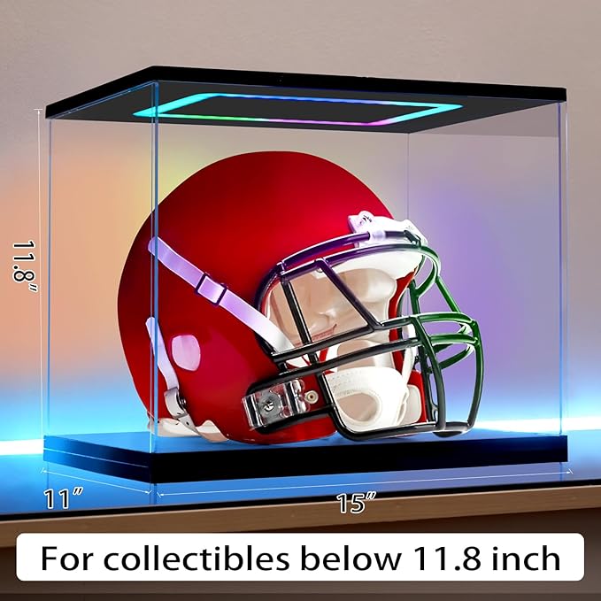 Football Helmet Display Case with Light, Multiple Color Lights Dustproof Protection Helmet Showcase for Collectibles Memorabilia Storage（15×11×12inch）
