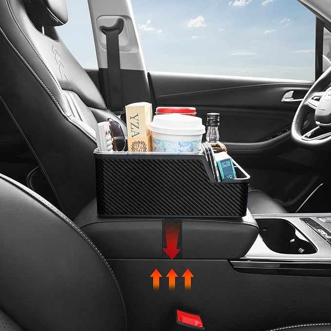 Car Front Seat Organizer with Compartment,Center Console Organizer,Car Armrest Storage Box,Back Seat Cup Holder Tray,Between Seat Small Caddy with Phone Holder for Truck,SUV,Van (Black)