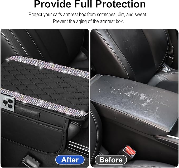 NBTEPEM Bling Car Center Console Cover, Leather Car Arm Rest Cover Cushion with 2 Storage Bags, Universal Auto Armrest Protector Storage Box, Bling Accessories Interior for Most Vehicles (Multicolor)
