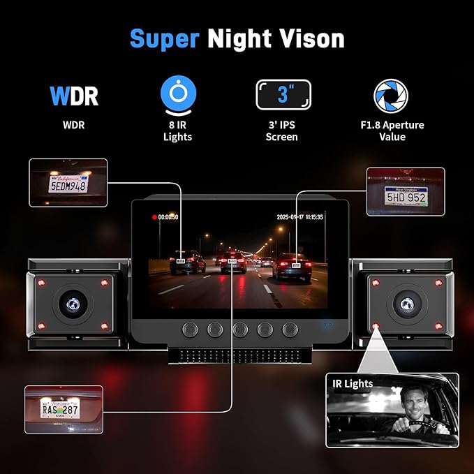 4 Channel Dash Cam 360 View Front Rear Left Right Car Camera,GPS and 5GHz Band WiFi,APP Control,G-Sensor,24H Parking Mode,8PCS IR Lights Night Vision,Wide Angle,WDR,Included Free TF Card