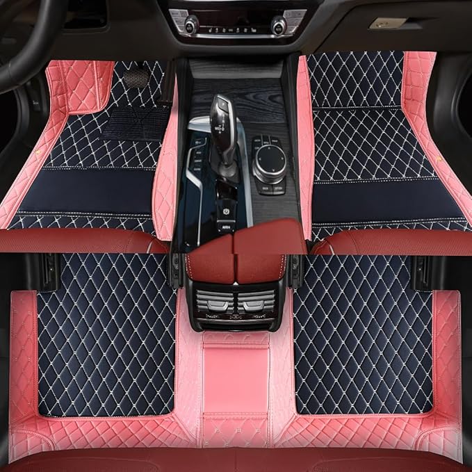 Custom Personalized Floor Mats for Cars，Luxury Full Coverage All Weather Car Floor Mats，Anti-Slip Leather Car Mat Set ，Custom Floor Mats for 99% of Cars, Trucks & SUVs (3D Pink and Black)