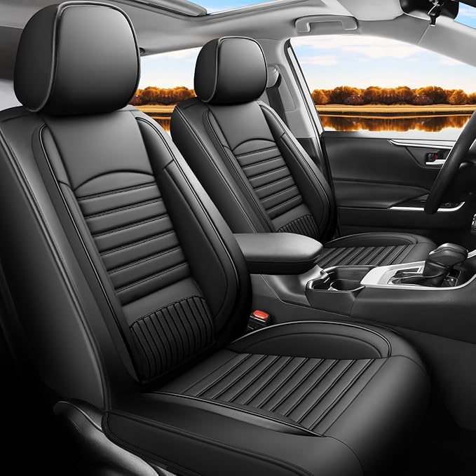 Fit RAV4 Car Seat Covers Set for Toyota RAV4 2019-2024 2025 LE XLE XLE Premium Limited Automotive Cushion Protector Replacement,Compatible with Airbag. Waterproof Faux Leather(Full Set, Black)