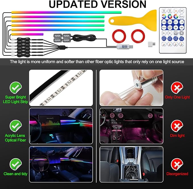 Dreamcolor Acrylic Interior Car LED Strip Light with USB/Type C, 10 in 1 with 175 inches 600 LEDs Ambient Lighting Kits, Sound Active Function Neon Accessories