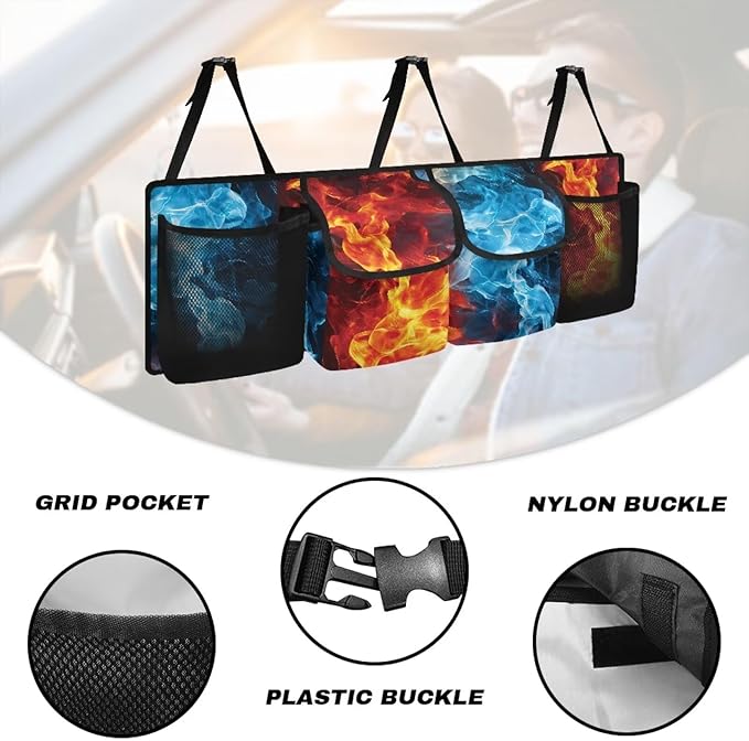 Blue Flame Trunk Organizer for SUV Back Seat Car Hanging Cargo Storage Bag 4 Pockets Car Accessories for Women Interior