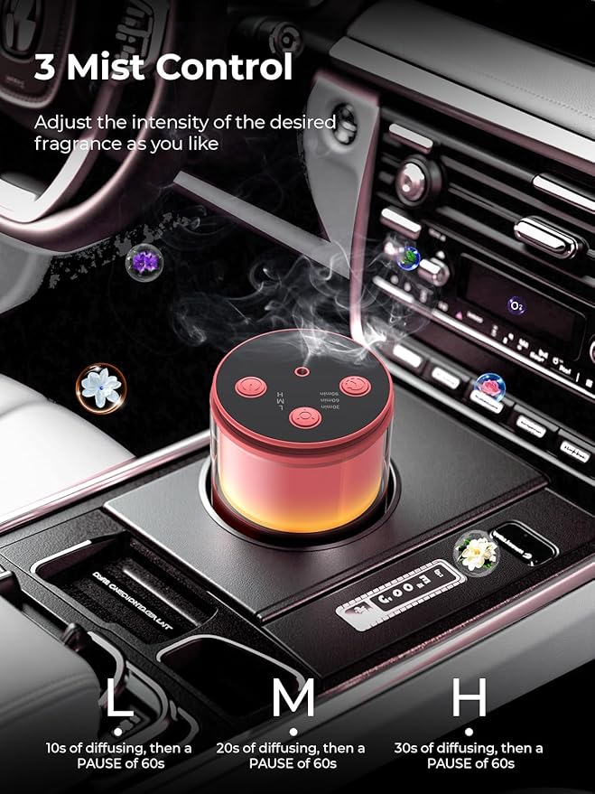 Waterless Essential Oil Diffuser: 9 Colors LED Scent Diffuser for Home&Car&Office - Portable Diffuser with 48H Battery, 4 Timers & 3 Mist Levels, Bright Red
