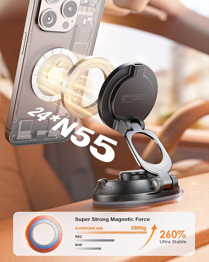 SUPERONE for MagSafe Car Mount Charger, 15W Fast Charging Magnetic Wireless Car Charger [88+LBS Ultra Suction & 2800gf Strong Magnetic] 360° Vacuum Magnetic Phone Holder for iPhone