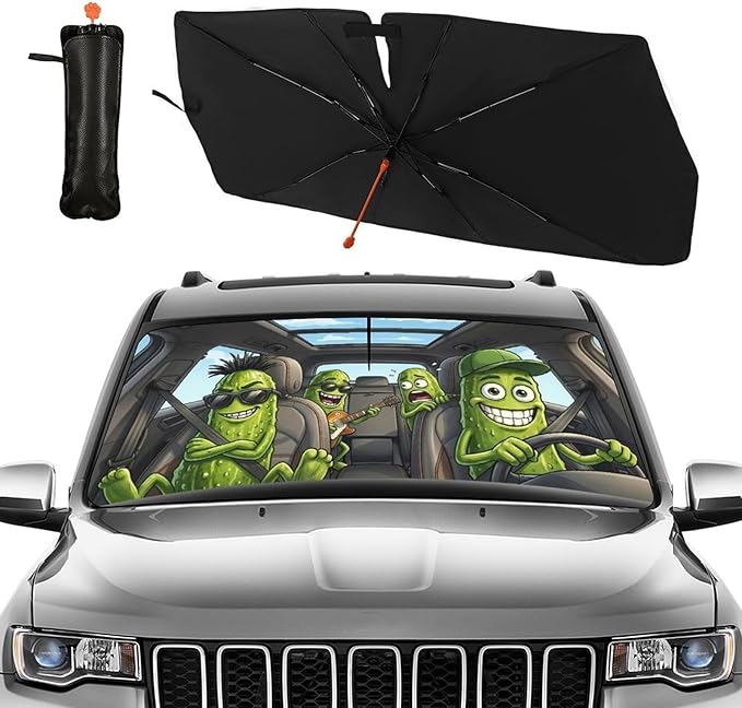 Funny Pickle Car Windshield Sunshade Umbrella Funny Pickle Sun Shade for Car Windshield Umbrella Upgraded Sunshades Blocks UV & Heat Front Window Shades for SUV Sedan Auto