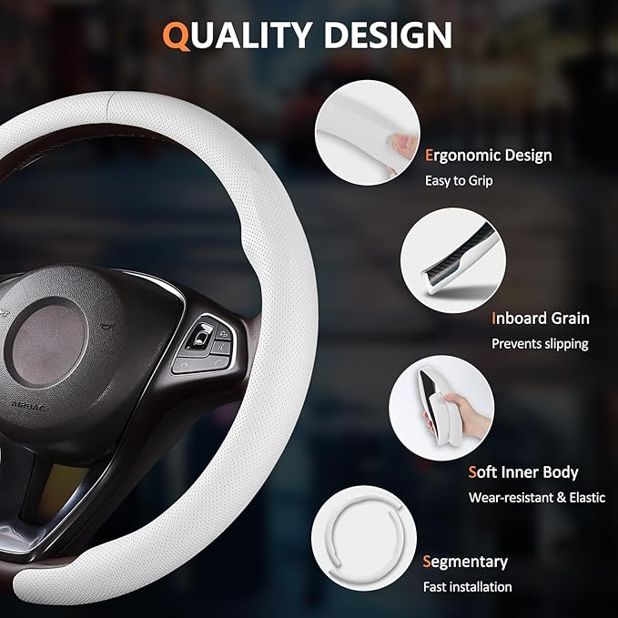 Aimato Car Steering Wheel Cover 2 Piece Non-Slip Clip on Microfiber Leather Steering Wheel Cover,Ultra-Thin Breathable,Universal Fit 14.5"-15" Wheel,White