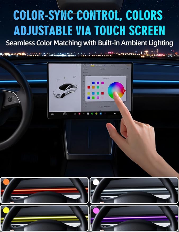 Ambient Light with Blind Spot Warning for Tesla Model 3 Highland (2024 2025) & Y Juniper (2025 2026) LED Interior Lights Strip 3.77ft for Tesla Custom Color Modes Neon Light Kit Plug-and-Play