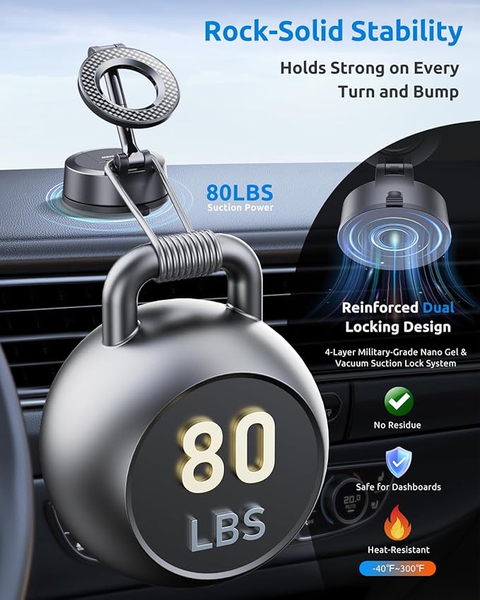 Vacuum Magnetic Car Phone Holder, 360°Adjustable, Compatible with iPhone 12-17 Series & Dashboard Mount & Tesla, 80+LBS Strong Suction Cup Phone Holders for Your Car, MagSafe-Compatible (Carbon Fiber)