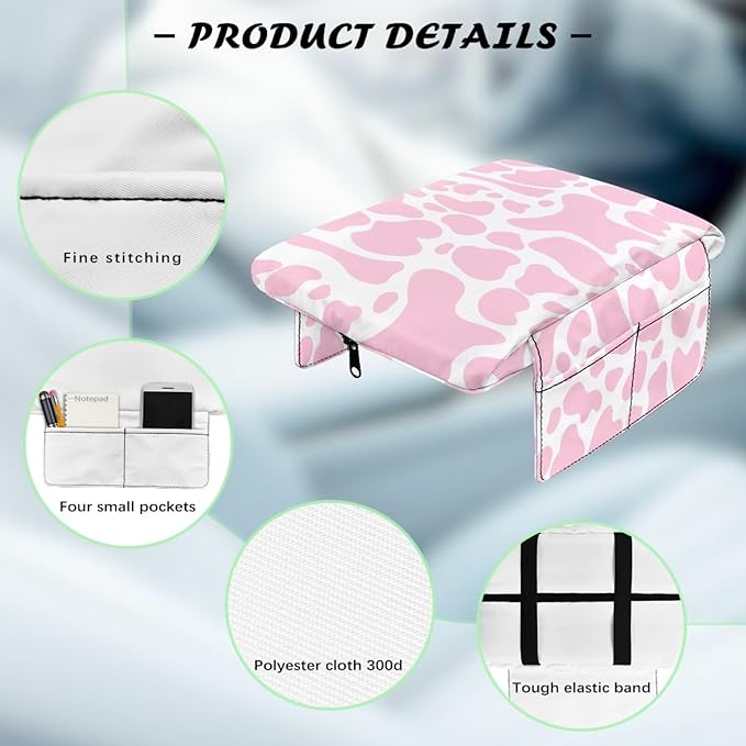 Dreaweet Pink Cow Print Center Console Cover for Car Thick Arm Rest Cover Pad with Pockets Cute Car Accessories for Women Interior Soft Anti Scratch Armrest Cover Cushion Pad