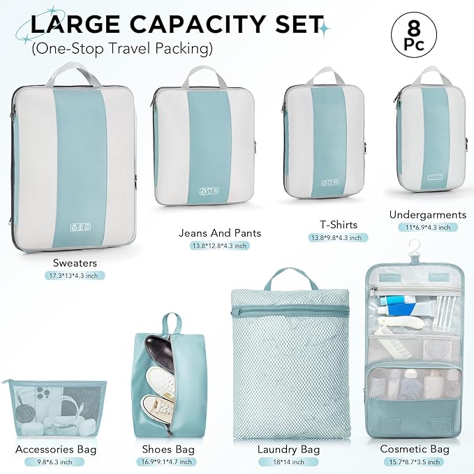 8 Set Compression Packing Cubes for Travel Essentials,Compressible Expandable Packing Cubes for Suitcase,OlarHike Luggage Organizer Bags for Travel,Handy Helper for Organizing Clothes(Blue Gray)