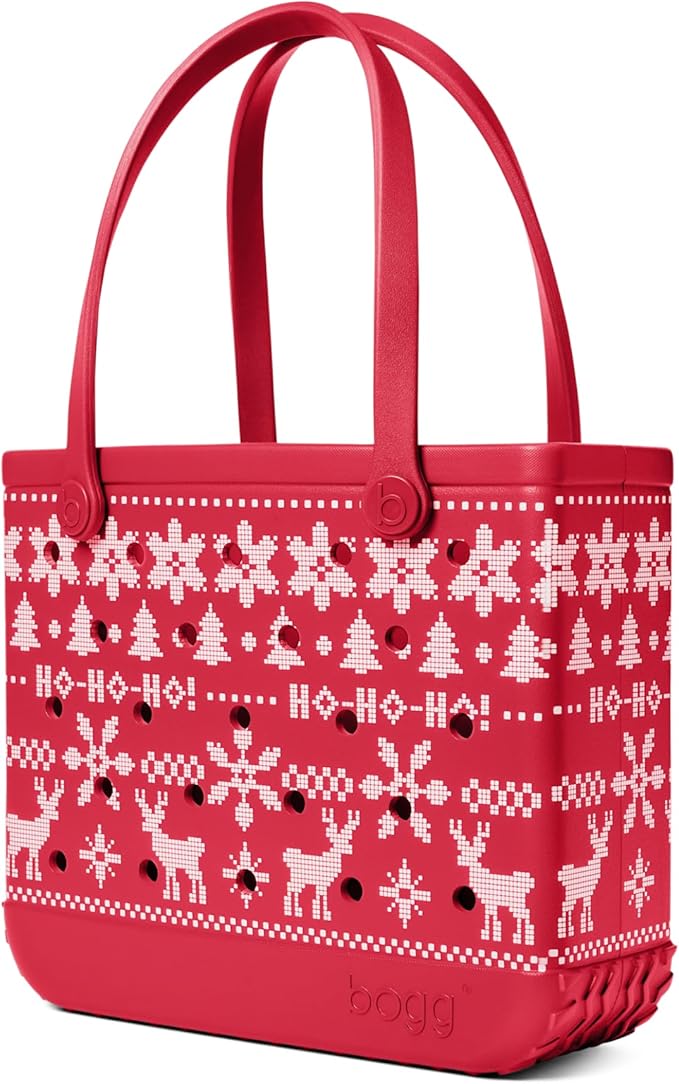 BOGG BAG Medium Tote – 15” x 12.5” x 5” – Durable, Washable, Tip-proof – Beach, Pool, Boat, Work, Sports (Ugly Sweater - Red)