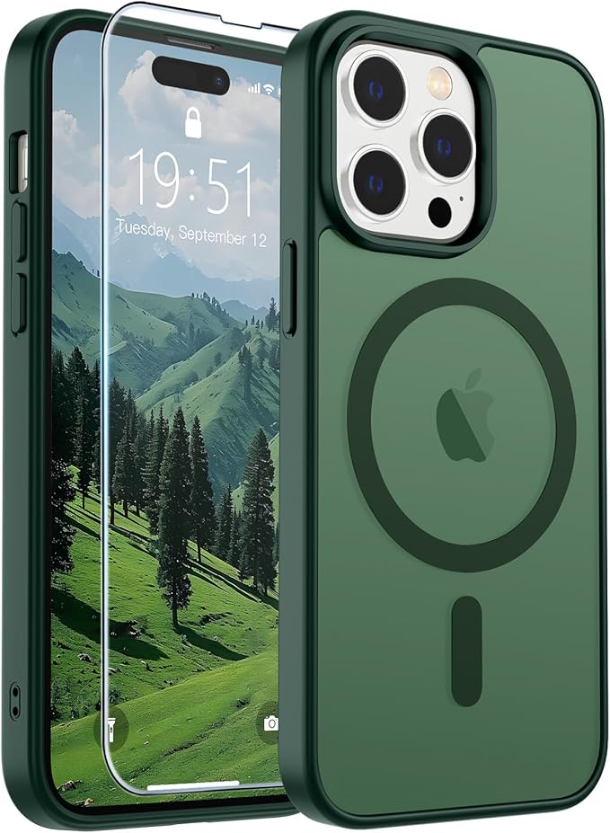 SUPFINE Magnetic for iPhone 14 Pro Max Case(Compatible with MagSafe)(Military Grade Drop Protection) Slim Translucent Matte Shockproof with Anti-Fingerprint Phone Case,Forest Green