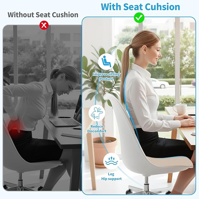 XLarge Seat Cushion, Memory Foam Cushion for Long Sitting Hours on Office Chair, Home & Car, Non-Slip Chair Pad for Relieving Back & Sciatica & Hip & Coccyx Pain (Khaki)