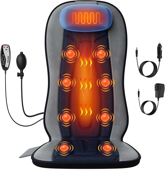 Vibration Back Massager with Heat for Chair, Massage Pad with Neck Support, Short Plush Cover, Seat Cushion for Seniors, Office Workers & Family,Fatigue & Pain Relief in Office,Home & Travel