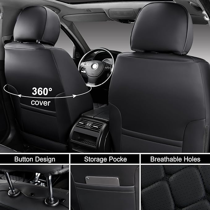 Auto Car Seat Covers Full Set Leather Cushion Protector Breathable Waterproof Seat Cover for Cars Universal Fit (Black, Full Set Without Headrest)