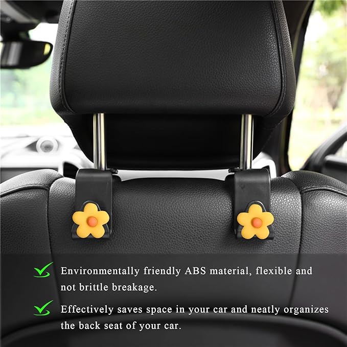 4 PCS Car Seat Headrest Hook, Plastic Headrest Hooks with Adhesive Flower, Auto Back Seat Hanger Storage Hook for Grocery Bag Purse Handbag Umbrella, Car Accessories (Dark Yellow)