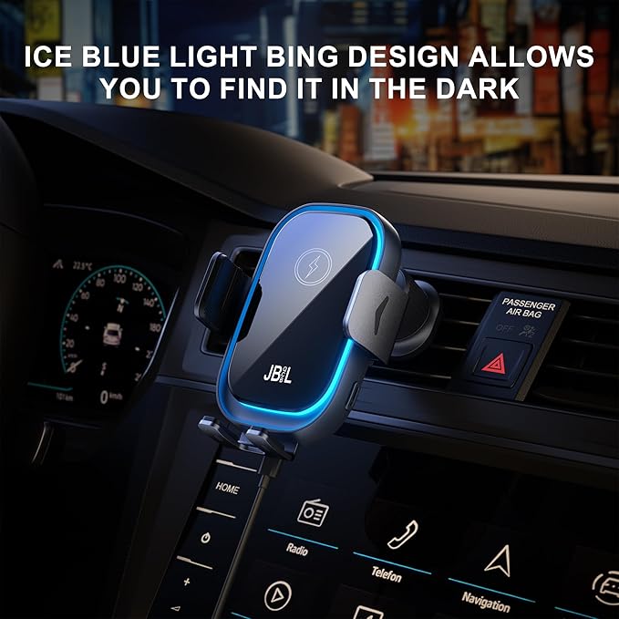 Wireless Car Charger, 3-in-1 Car Phone Holder Car Charger Phones Mount Windshield Dashboard Air Vent Fast Charging Cell Phone Holder with LED Light for iPhone Air Pro Max,Samsung S24/S23