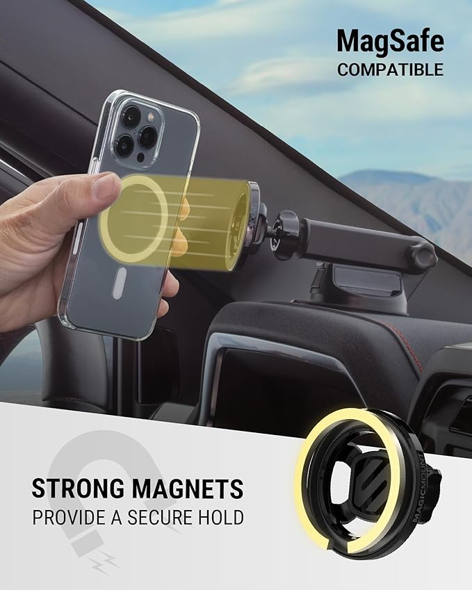 Scosche MagSafe Car Mount, Suction Cup Magnetic Windshield/Dashboard Cell Phone Holder with Vent Clip & Adjustable Flip Arm Compatible with PopSocket, iPhone 17/16/15/14/13/12, Samsung Galaxy, 2-Pack