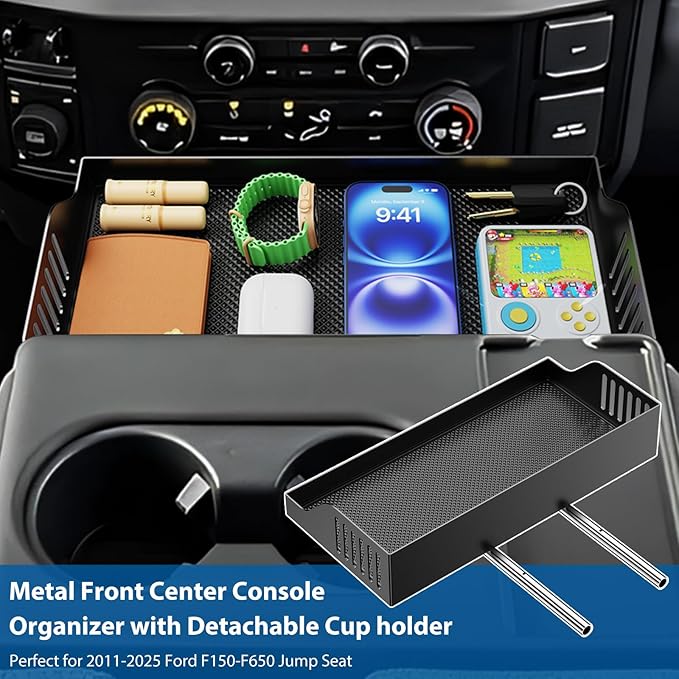 All Metal Front Center Seat Headrest Organizer Compatible with 2011-2025 2026 Ford F150 F250 F350 F450 F550 F650, Center Console Container Storage Box Armrest Tray Accessories (Jump Seat Only)