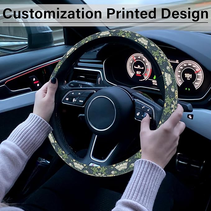 Green Flowers Plants Steering Wheel Cover, Cute Print Steering Wheel Cover Protector, Personalized Pattern Design, Car Accessories for Women, for Steering Wheel with a Diameter of 14.5"-15"