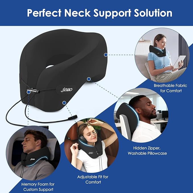 jiaao Travel Pillow Memory Foam Neck Support, Advanced Memory Foam Neck Pillow for Airplanes, Cars & Trains with Eye Mask, Earplugs & Storage Bag