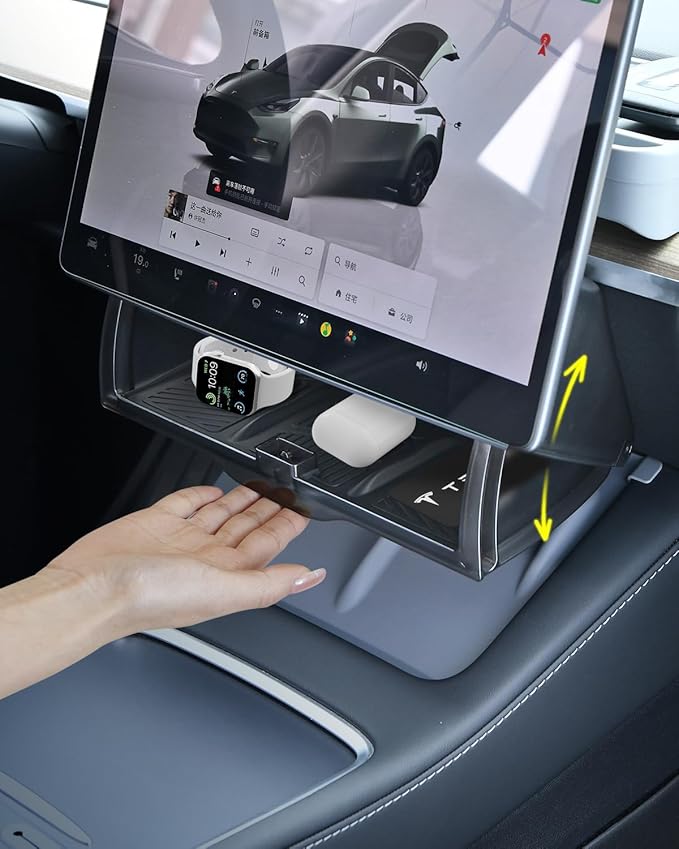 Hidden Under Screen Storage for Tesla Model Y 2020-2026 Juniper Interior Accessories, Model 3 Highland Center Console Organizer with Push-Latch & Dampers, Smooth Opening, Rattle-Free, 2 Black Mats