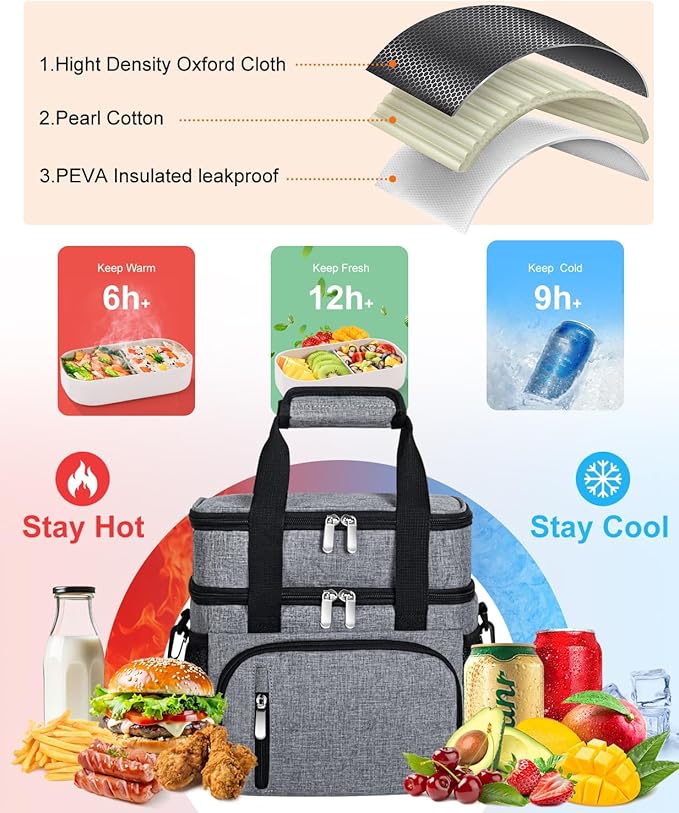 Insulated Lunch Bag for Men & Women, Double Leakproof Lunch Box Soft Cooler Tote with 5 Pockets, 600D Oxford, EVA Lining, Adjustable Strap for Work, Picnic, Beach&Travel-Grey