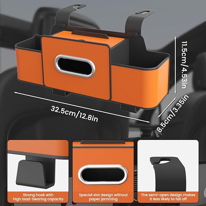 Multifunctional 3‑in‑1 Car Seat Back Storage Box Organizer with Cup Holders, Tissue Box Slot & Headrest Hooks – Backseat Car Organizer for Phones, Snacks, Drinks, Bags, Travel Storage (Brown)