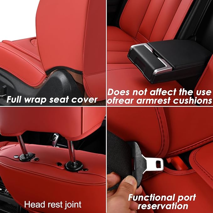 KEYOOG Car Seat Covers Full Set, 5-Seater Waterproof and Breathable Nappa Leather, Fit for Front and Rear Seats of Cars, Compatible with Airbags, Car Seat Protector Covers for Most Cars - Wine red