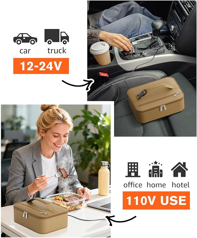Portable Food Warmer - Heated Lunch Box for Adluts - Electric Thermal Lunch Bag with Buckle Handle, Heating Food Warmer Bags for 12V/24V Car & Truck, 110V/220V Home/Office, Khaki