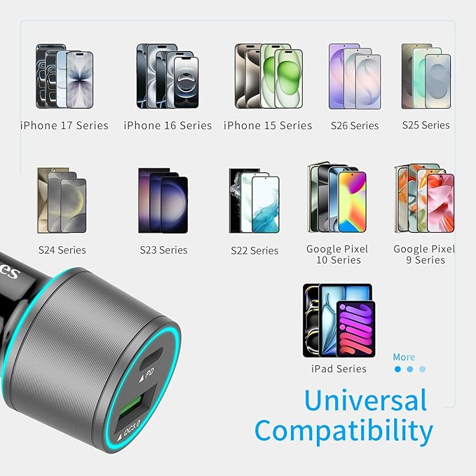 67.5W Gray Car Charger USB C Super Fast Charging, 45W USBC&QC3.0 Port Plug for iPhone 17 Pro Max/Air/16/15/iPad, Samsung S26 Android Cell Phone, Dual 12V Cigarette Lighter Adapter+3.3 ft Type C Cable