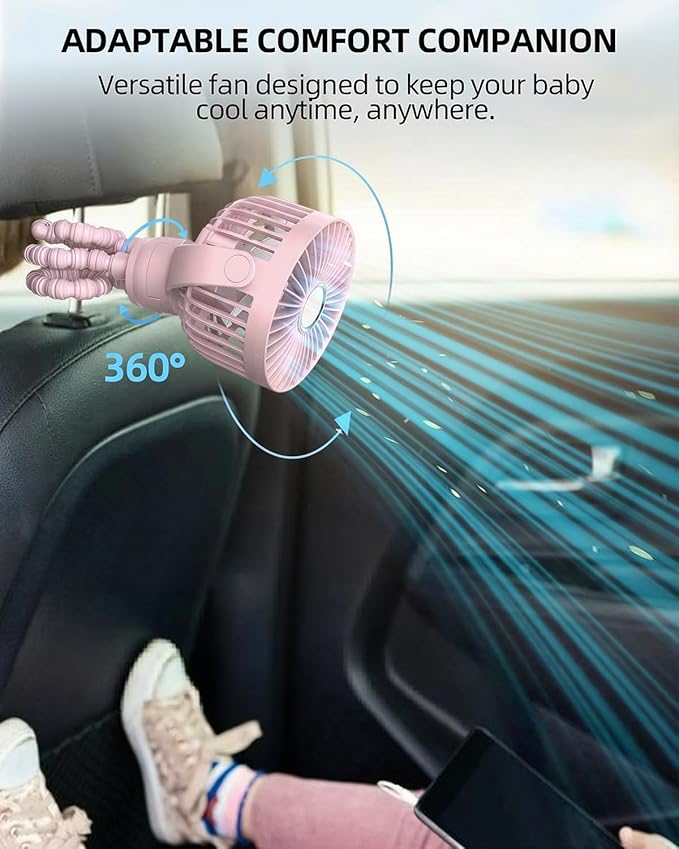 Portable Stroller Mini Fan, Small Rechargeable Personal Cooler w/ 360° Rotation, 3-Speed, Display, Battery Powered Stroller Accessories, Baby Essentials for Car Seat, Crib, Bike, Treadmill, Sakura