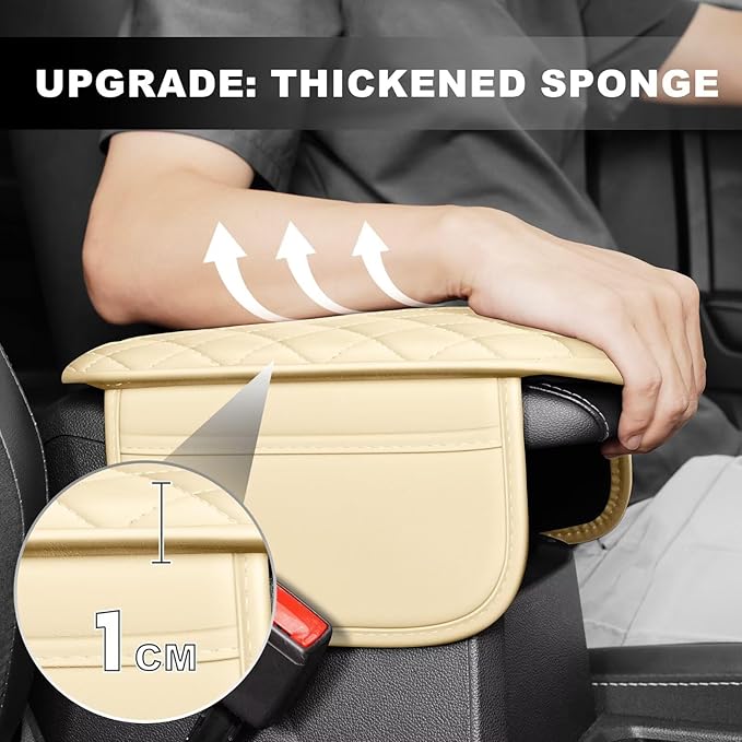 Upgraded Car Center Console Cover Fit for RAV4 Faux Leather Car Armrest Cover Cushion with 2 Storage Bags,Car Armrest Storage Box Interior Accessories(Beige&Whiteline)