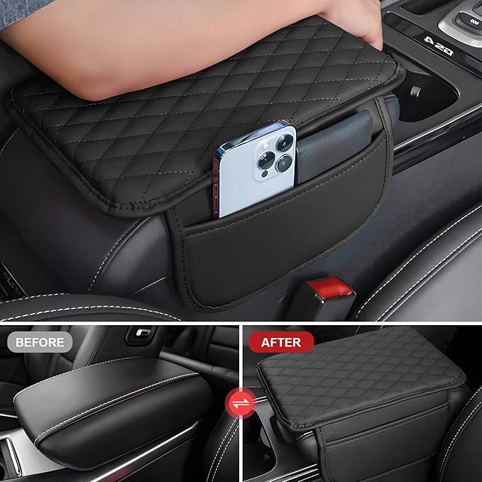 Car Center Console Cover with 2 Storage Pockets, Waterproof PU Leather Car Armrest Cover Cushion, Universal Car Armrest Seat Box Pad Car Interior Accessories for Most Vehicle (Black)