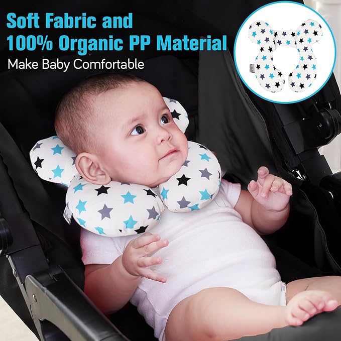 KAKIBLIN Baby Neck Pillow, Upgraded Baby Support Pillow, Head Pillows for Carseat, Newborn Neck Support for Car Seat, Stroller, Pushchair,Travel (White Star)