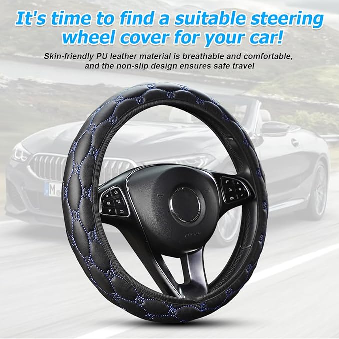 Car Steering Wheel Cover, PU Leather Non-Slip Lantern Pattern Vehicle Steering Wheel Cover Protection, Breathable Automotive Interior Protecter Accessories, Universal Fit (Black/Blue)