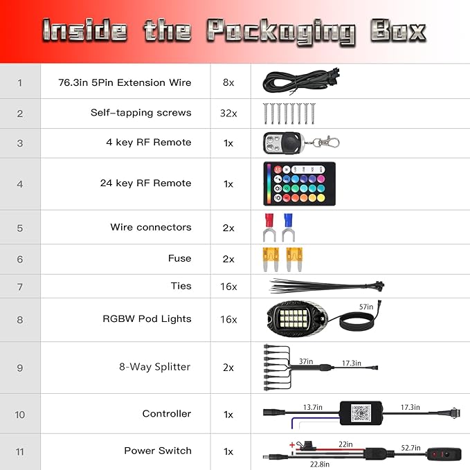 16 Pods RGBW LED Rock Lights for Truck Jeep Wrangler ATV UTV Golf Cart RZR RV Van Boat Offroad SUV Cars Pickup Sedans, Waterproof Multicolor Neon Underglow Kit with APP/RF Remote Music Mode