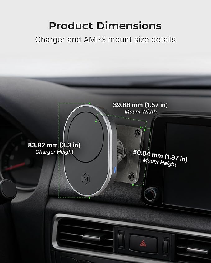 Car Cell Phone Holder with AMPS Mounting Plate - Wireless Magnetic Car Mount Charger - Stand Compatible with iPhone 14/15/16/17/Samsung, Fast Charging (Drill Base AMPS Plate)