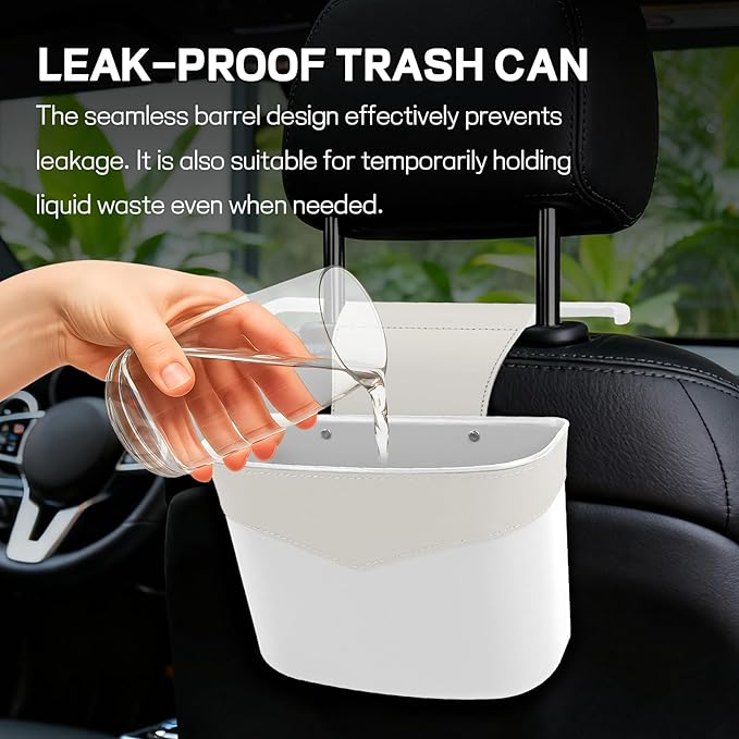 Car Trash Can for Seat Headrest, Mini Automotive Front Back Seat Garbage Can, Leakproof Vehicle Hanging Trash Cans, Multi-Purpose Auto Garbage Bin & Storage Organizer, Car Accessories (White)