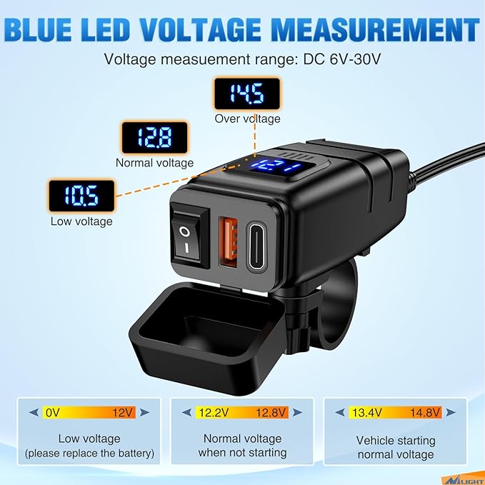 Nilight Motorcycle USB Type C Port 12V Voltmeter Independent On Off Switch SAE Inline 10A Fuse Waterproof 6.8A QC3.0 Fast Phone Tablet for 7/8inch Handlebar