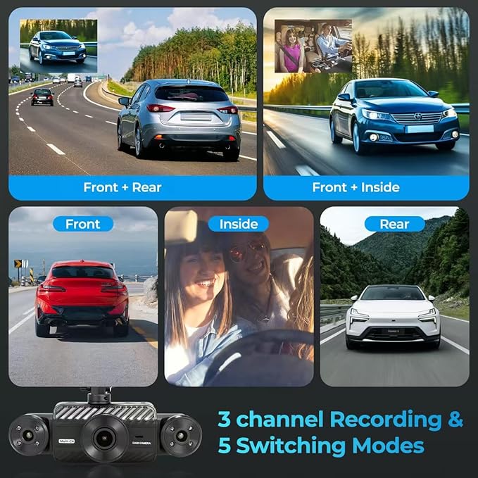 4 Channel Dash Cam 360° View, Include Front & Rear Left Right Camera Support 4 Way Recording, 32GB Card, 3” IPS Screen/Night Vision/WDR/24H Parking/G-Sensor（2G/4G/8G / 3 Split Screen (4 Channel)