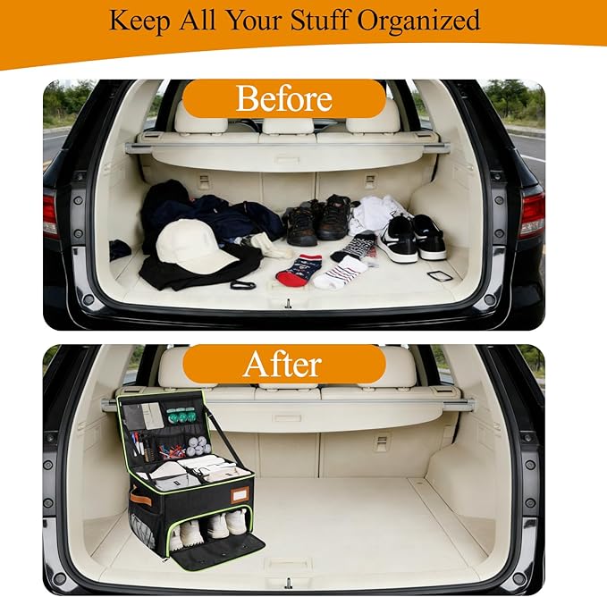 2 Layer Golf Trunk Organizer, Golf Organizer with 2 Pairs Shoes Compartment, Golf Storage Waterproof Car Trunk Locker for Balls, Caps, Clothes, Gloves, Accessories, Gifts for Golfers